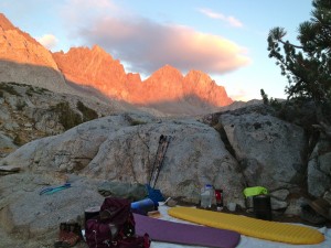 Dusy Basin Camp at sunset
